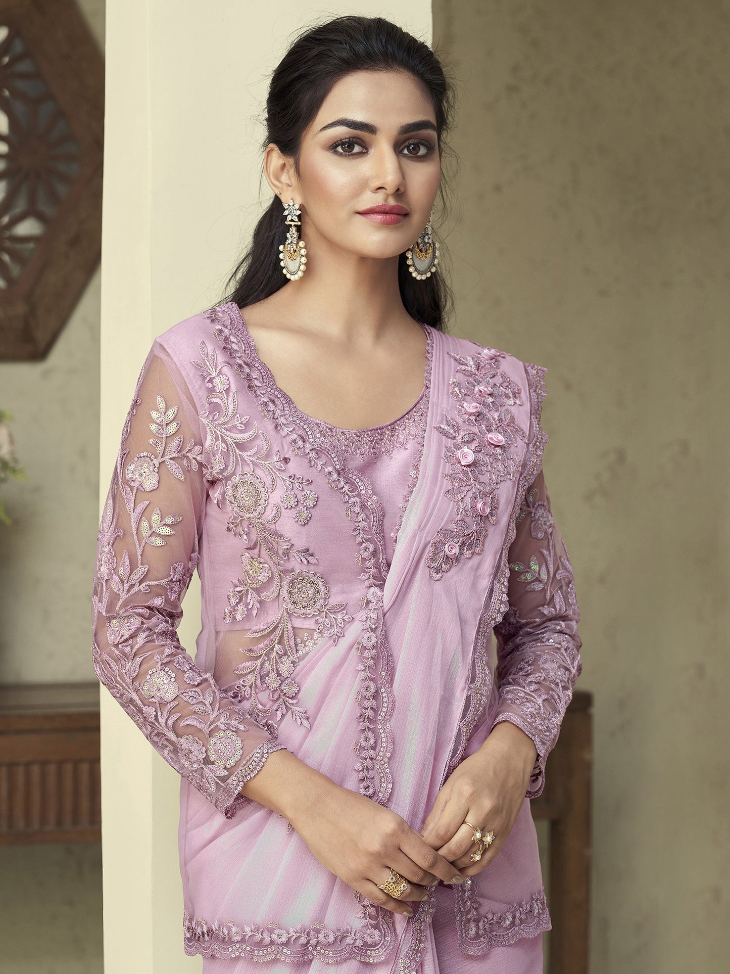 Women's Georgette Lavendar Embellished Designer Saree With Blouse Piece