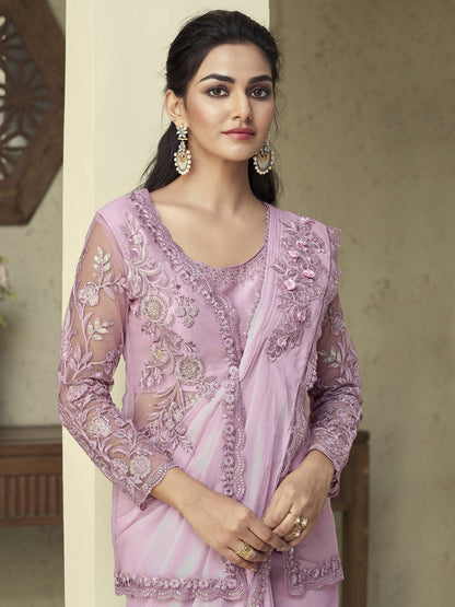 Women's Georgette Lavendar Embellished Designer Saree With Blouse Piece