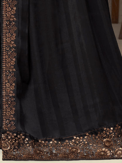 Women's Georgette Black Embellished Designer Saree With Blouse Piece