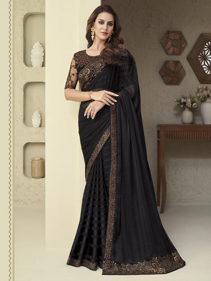 Women's Georgette Black Embellished Designer Saree With Blouse Piece