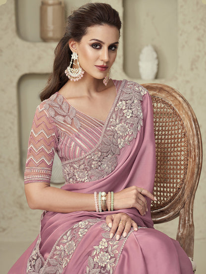 Women's Georgette Mauve Embellished Designer Saree With Blouse Piece
