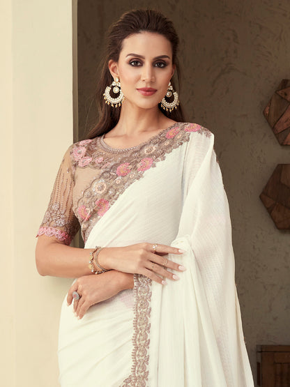 Women's Georgette White Embellished Designer Saree With Blouse Piece