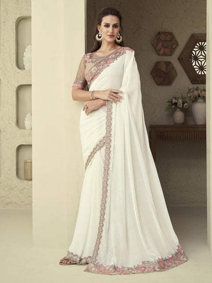 Women's Georgette White Embellished Designer Saree With Blouse Piece