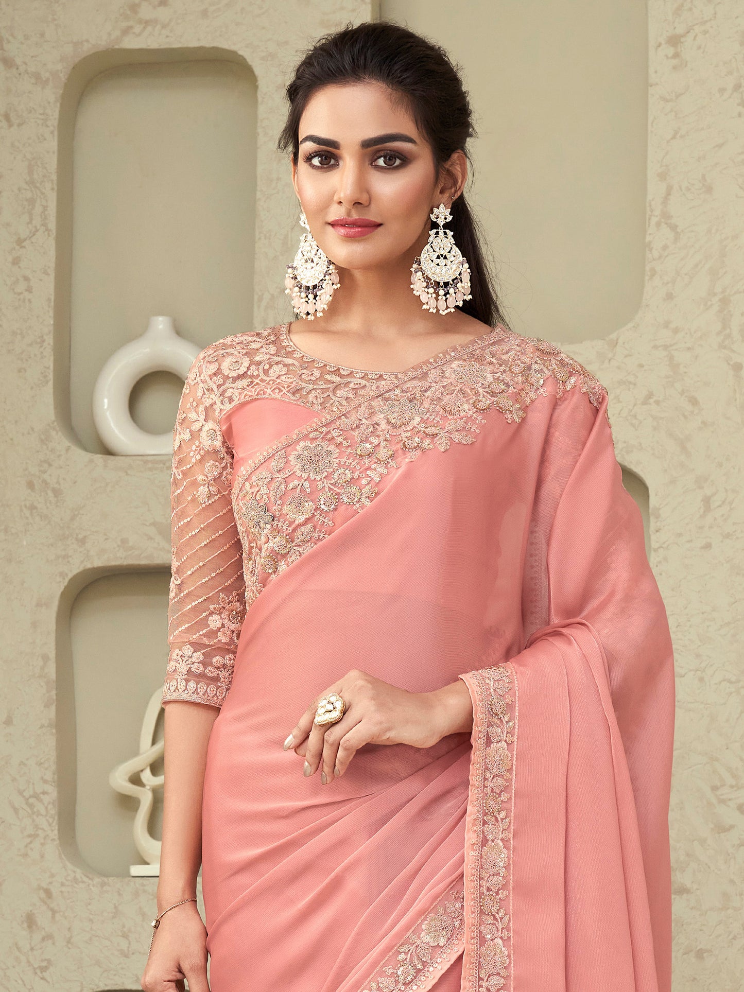 Women's Georgette Pink Embellished Designer Saree With Blouse Piece