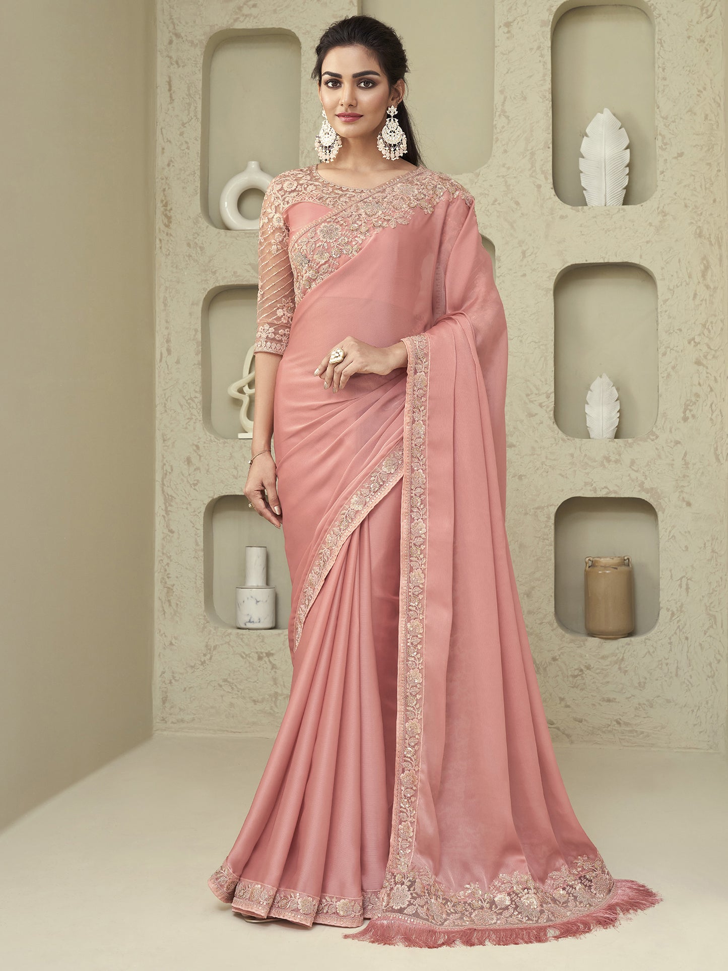 Women's Georgette Pink Embellished Designer Saree With Blouse Piece