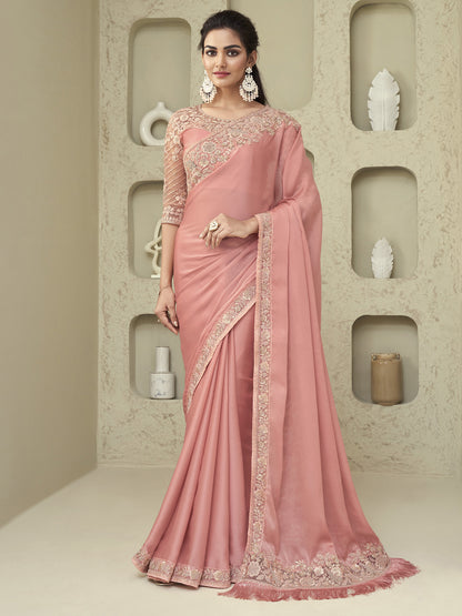 Women's Georgette Pink Embellished Designer Saree With Blouse Piece