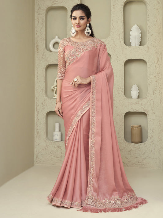 Women's Georgette Pink Embellished Designer Saree With Blouse Piece