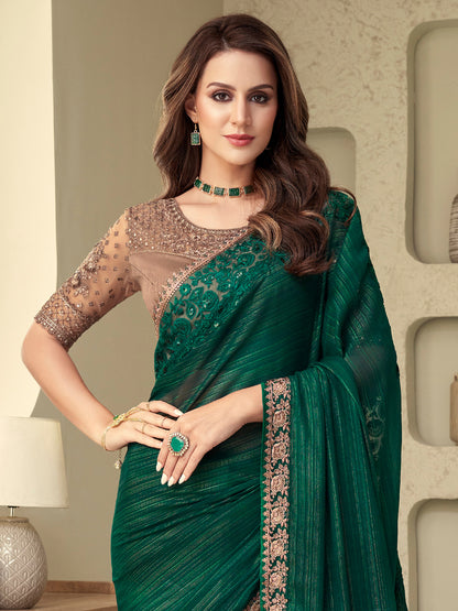 Women's Georgette Green Embellished Designer Saree With Blouse Piece