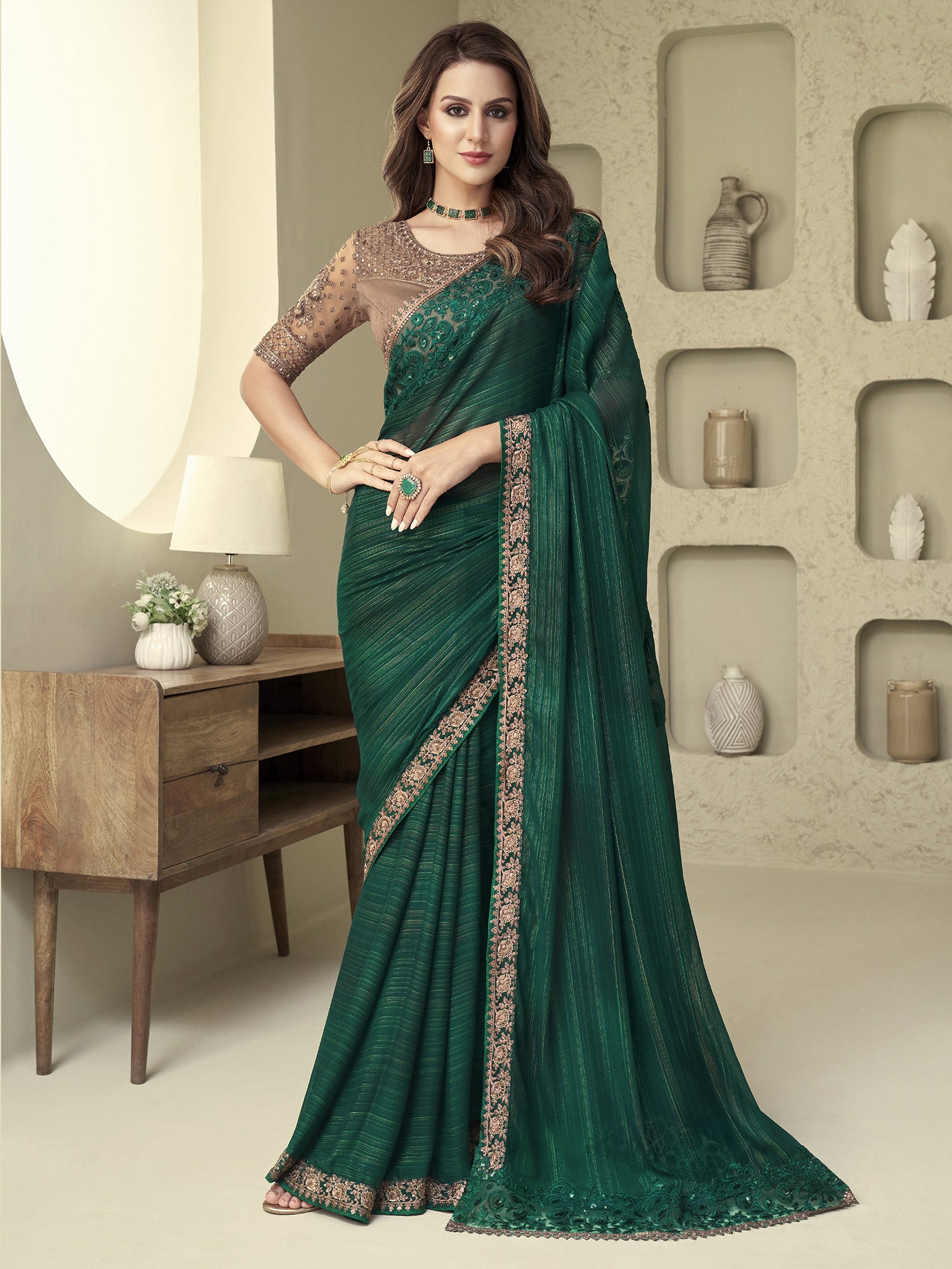 Women's Georgette Green Embellished Designer Saree With Blouse Piece