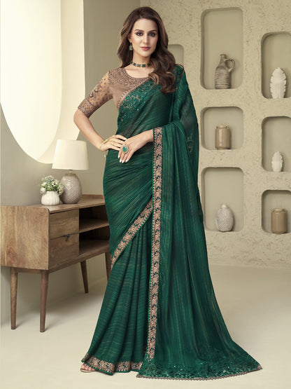 Women's Georgette Green Embellished Designer Saree With Blouse Piece