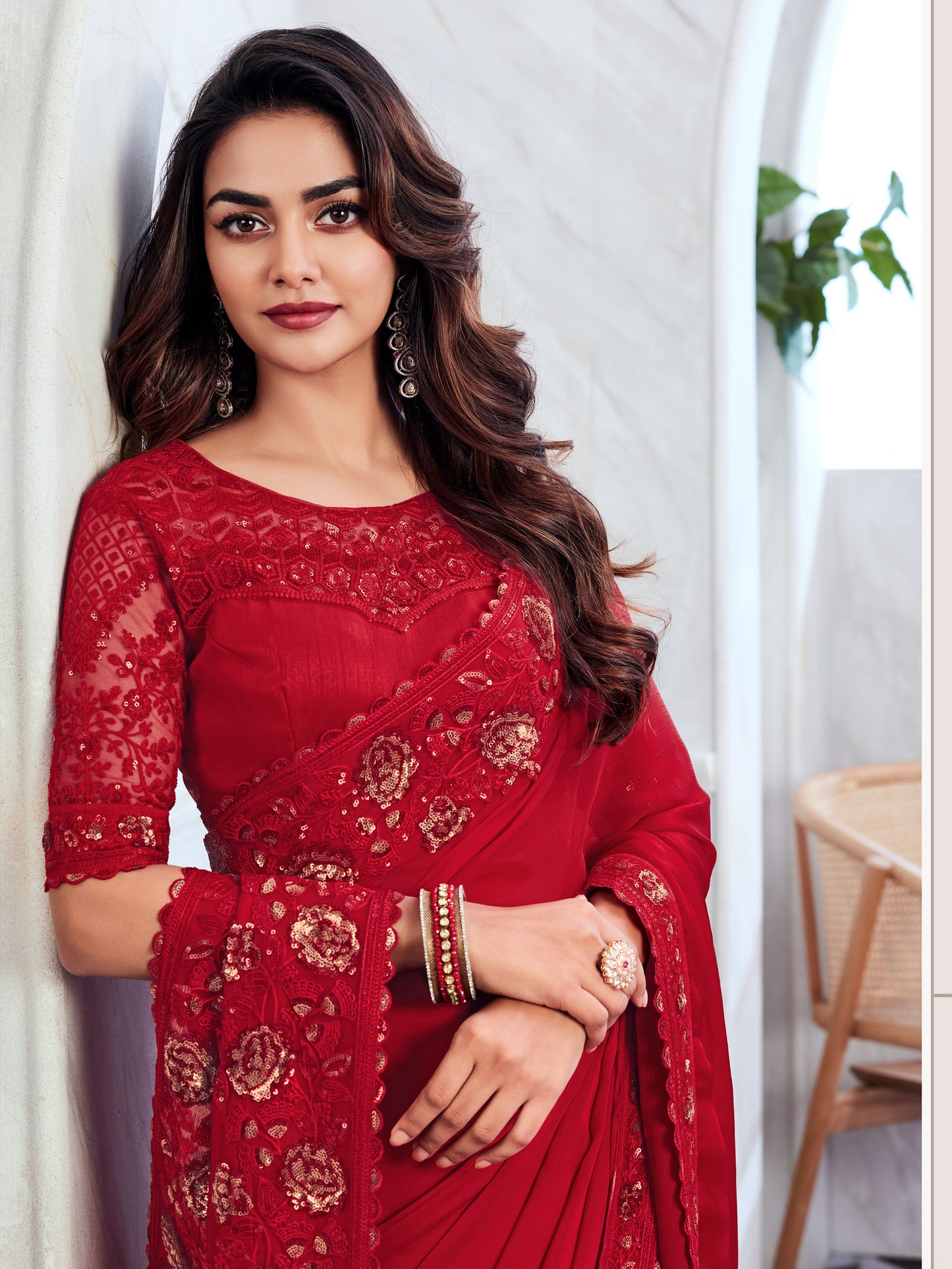 Women's Chiffon Red Embellished Designer Saree With Blouse Piece
