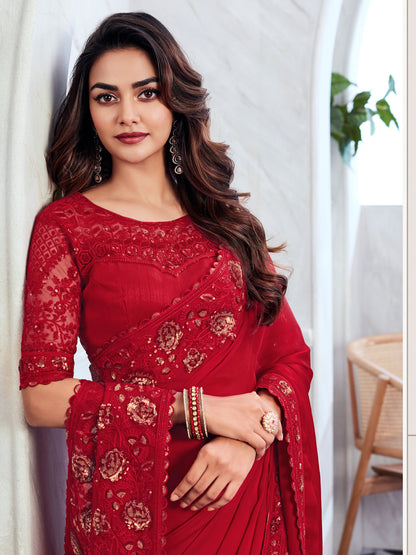 Women's Chiffon Red Embellished Designer Saree With Blouse Piece