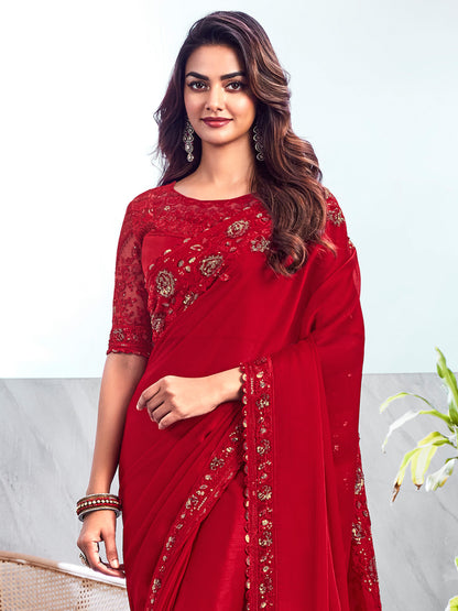 Women's Chiffon Red Embellished Designer Saree With Blouse Piece