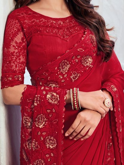 Women's Chiffon Red Embellished Designer Saree With Blouse Piece