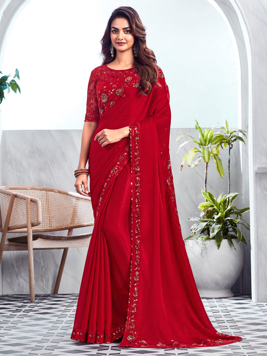 Women's Chiffon Red Embellished Designer Saree With Blouse Piece