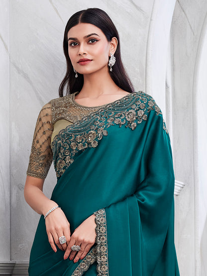 Women's Satin Silk Teal blue Embellished Designer Saree With Blouse Piece