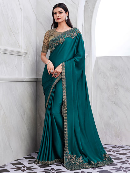 Women's Satin Silk Teal blue Embellished Designer Saree With Blouse Piece