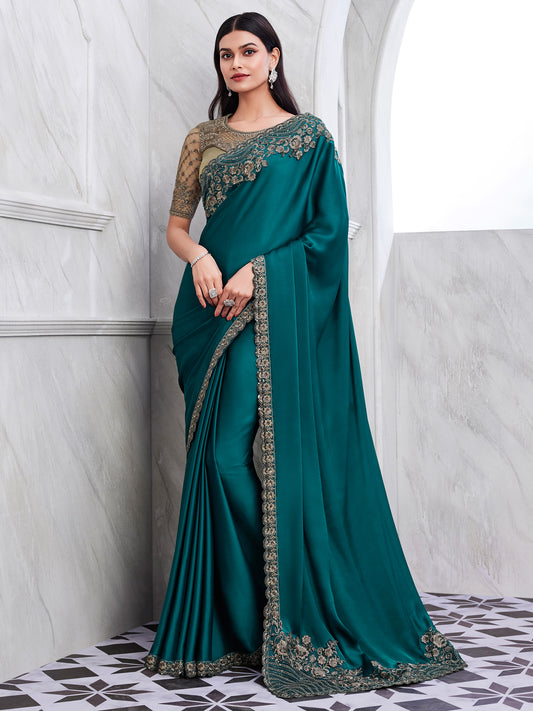 Women's Satin Silk Teal blue Embellished Designer Saree With Blouse Piece