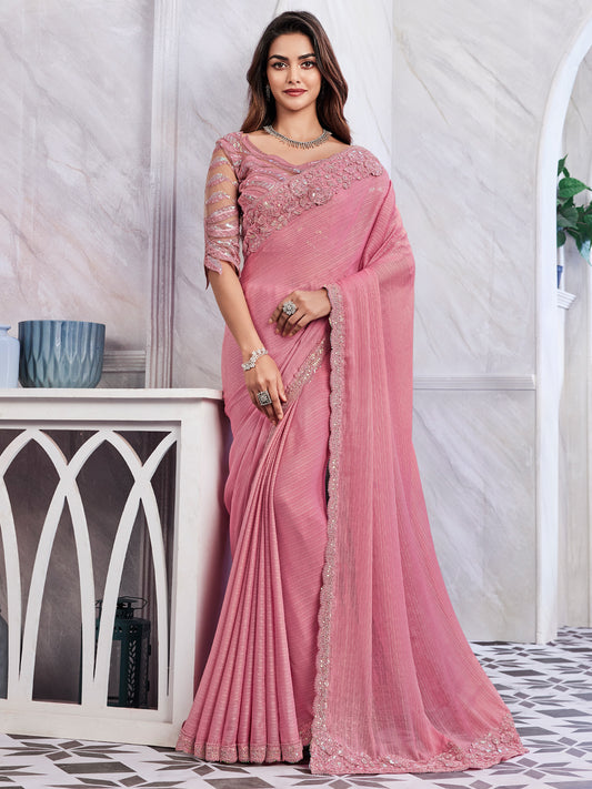 Women's Georgette Pink Embellished Designer Saree With Blouse Piece