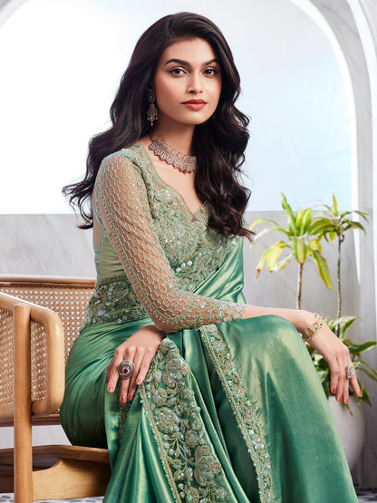 Women's Chiffon Sea Green Embellished Designer Saree With Blouse Piece