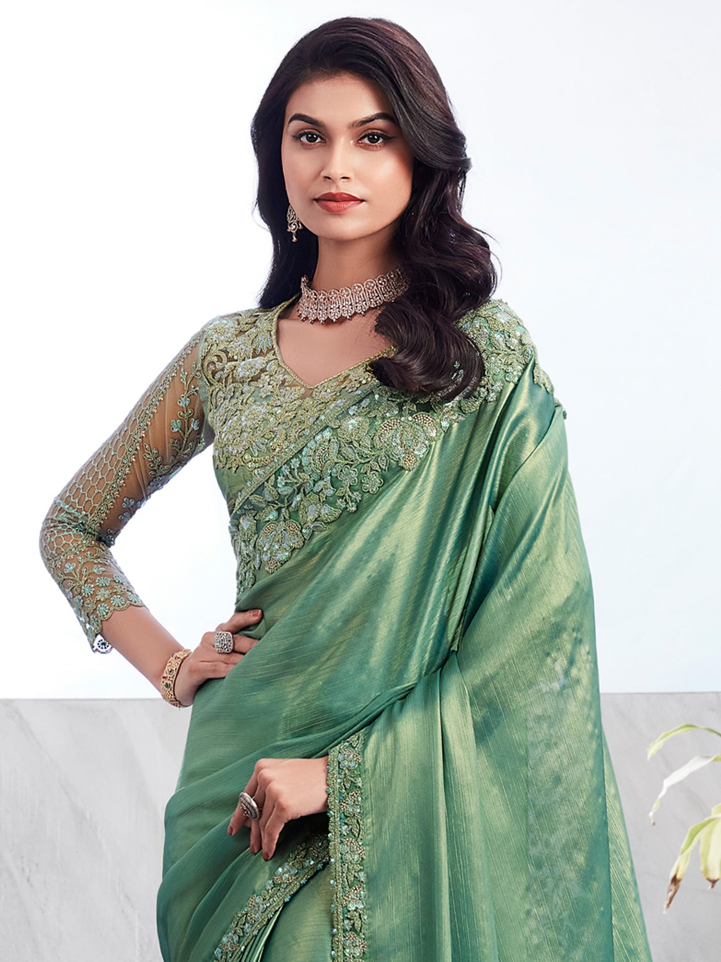 Women's Chiffon Sea Green Embellished Designer Saree With Blouse Piece