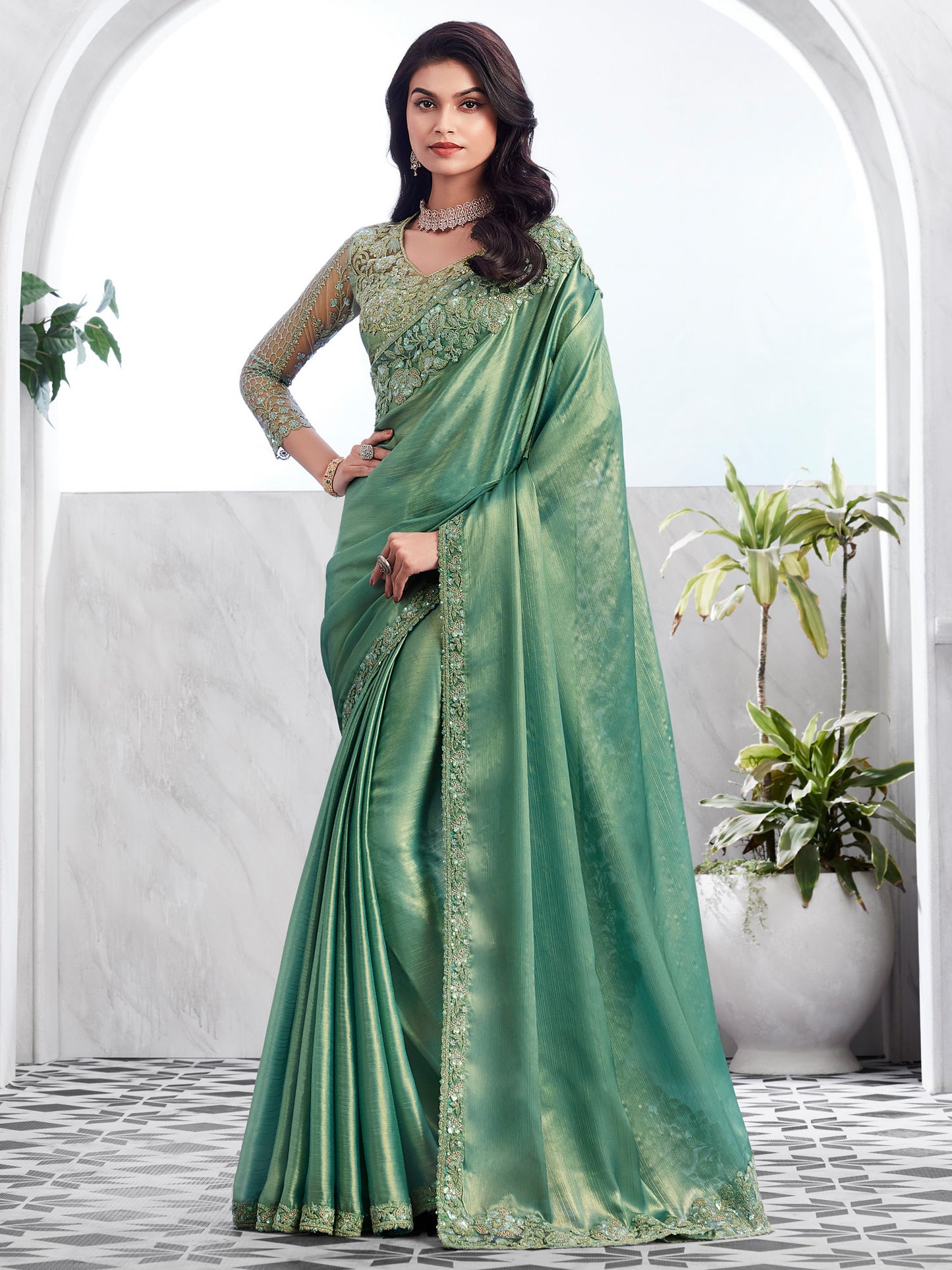 Women's Chiffon Sea Green Embellished Designer Saree With Blouse Piece