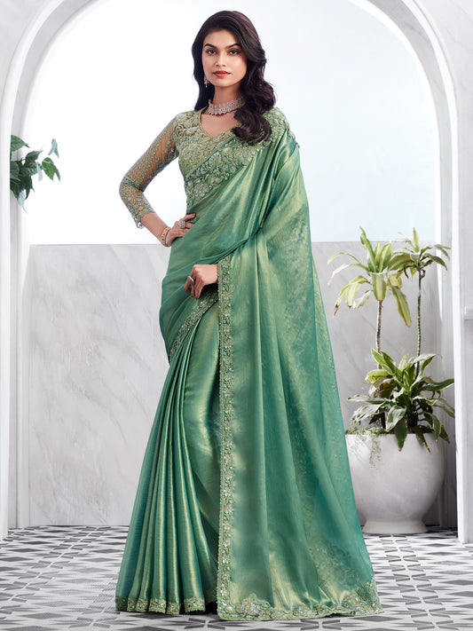 Women's Chiffon Sea Green Embellished Designer Saree With Blouse Piece