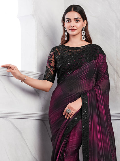 Women's Georgette Magenta Embellished Designer Saree With Blouse Piece