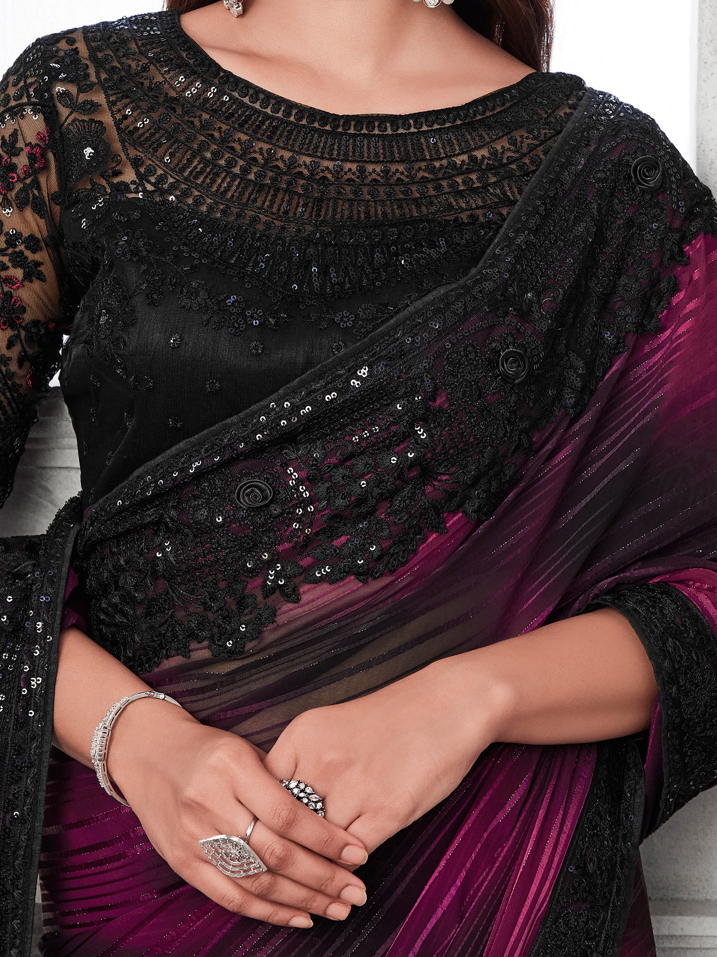 Women's Georgette Magenta Embellished Designer Saree With Blouse Piece