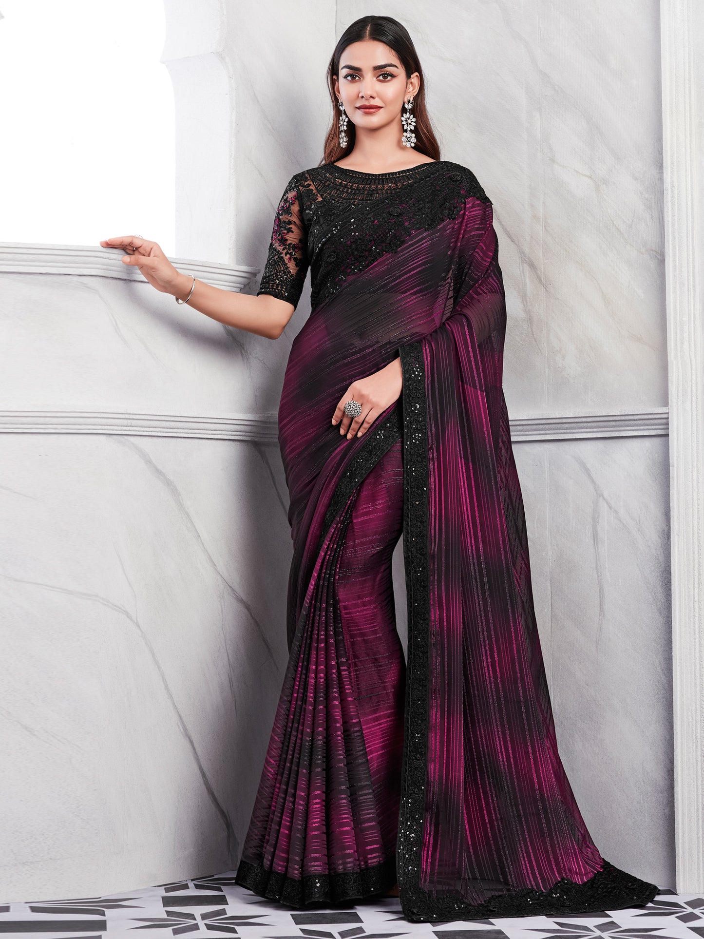 Women's Georgette Magenta Embellished Designer Saree With Blouse Piece