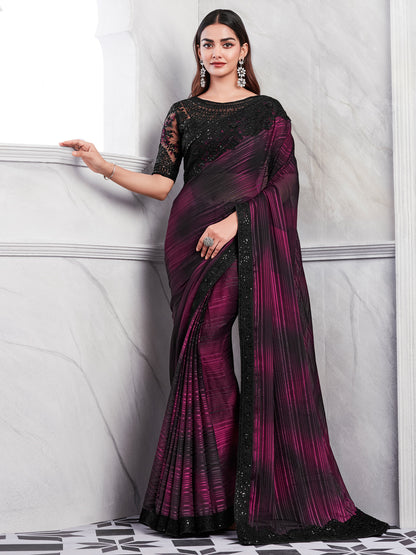 Women's Georgette Magenta Embellished Designer Saree With Blouse Piece