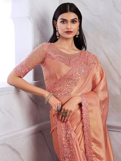 Women's Chiffon Peach Embellished Designer Saree With Blouse Piece