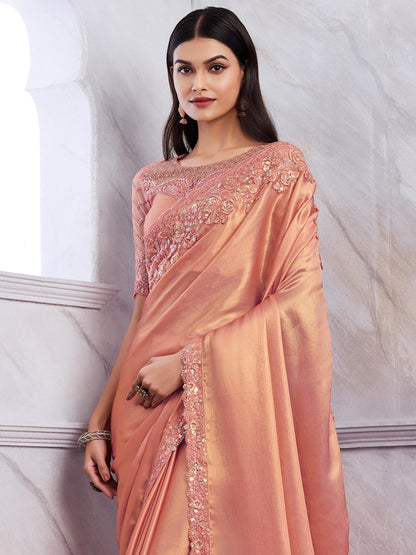 Women's Chiffon Peach Embellished Designer Saree With Blouse Piece