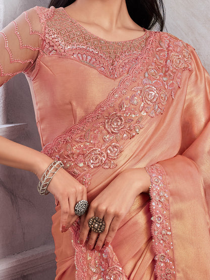 Women's Chiffon Peach Embellished Designer Saree With Blouse Piece
