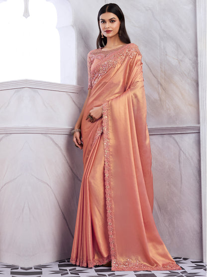 Women's Chiffon Peach Embellished Designer Saree With Blouse Piece