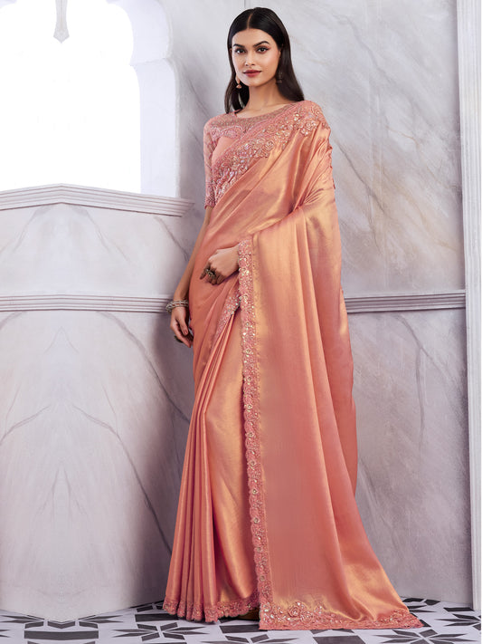 Women's Chiffon Peach Embellished Designer Saree With Blouse Piece