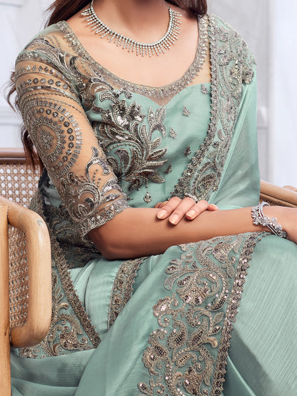 Women's Chiffon Sea Green Embellished Designer Saree With Blouse Piece