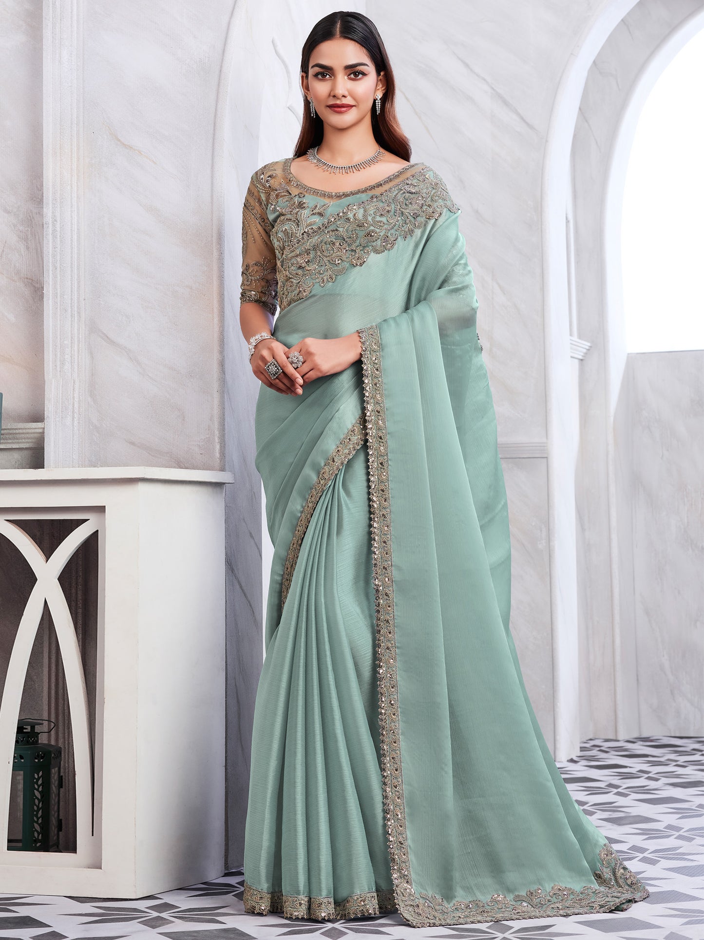 Women's Chiffon Sea Green Embellished Designer Saree With Blouse Piece