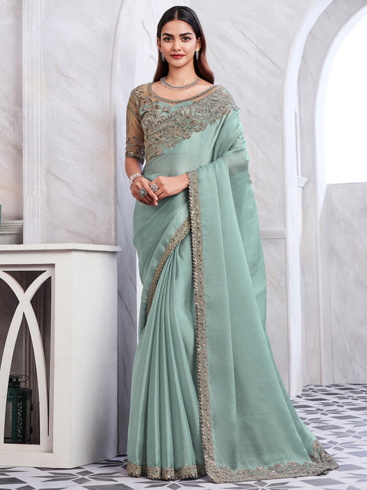 Women's Chiffon Sea Green Embellished Designer Saree With Blouse Piece