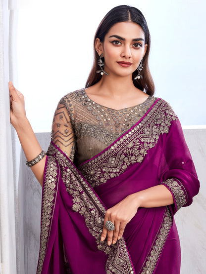 Women's Satin Silk Magenta Embellished Designer Saree With Blouse Piece