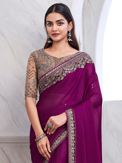 Women's Satin Silk Magenta Embellished Designer Saree With Blouse Piece