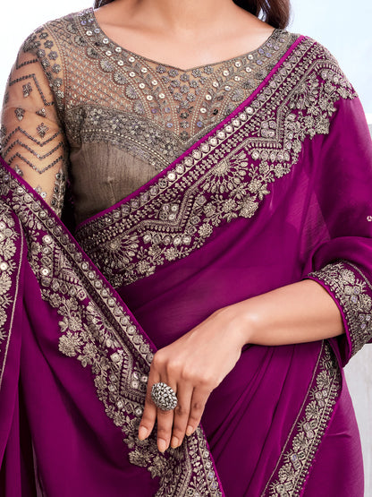 Women's Satin Silk Magenta Embellished Designer Saree With Blouse Piece