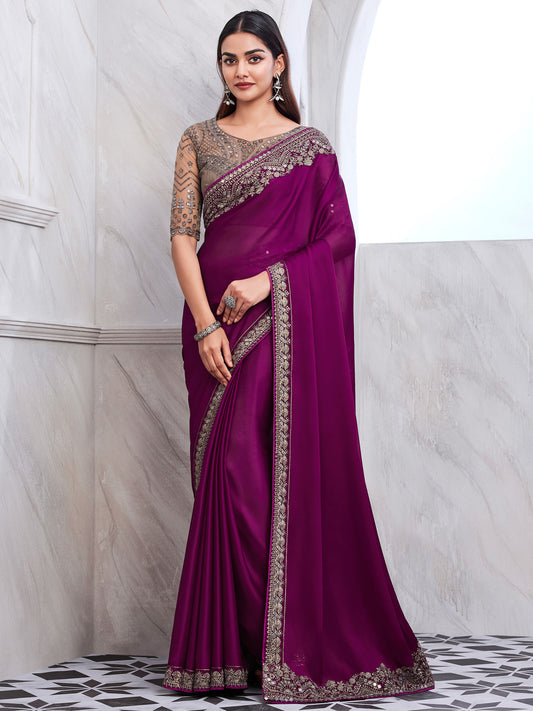 Women's Satin Silk Magenta Embellished Designer Saree With Blouse Piece