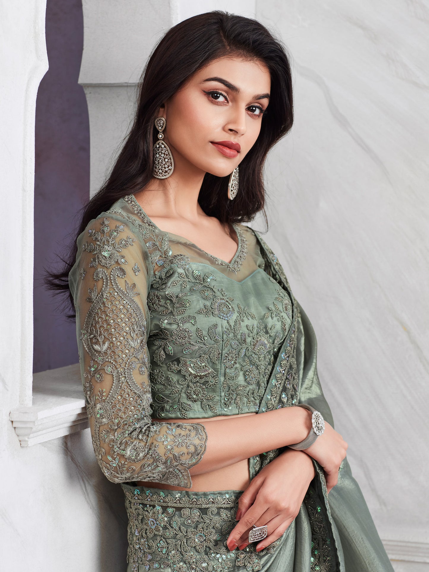 Women's Georgette Sea Green Embellished Designer Saree With Blouse Piece