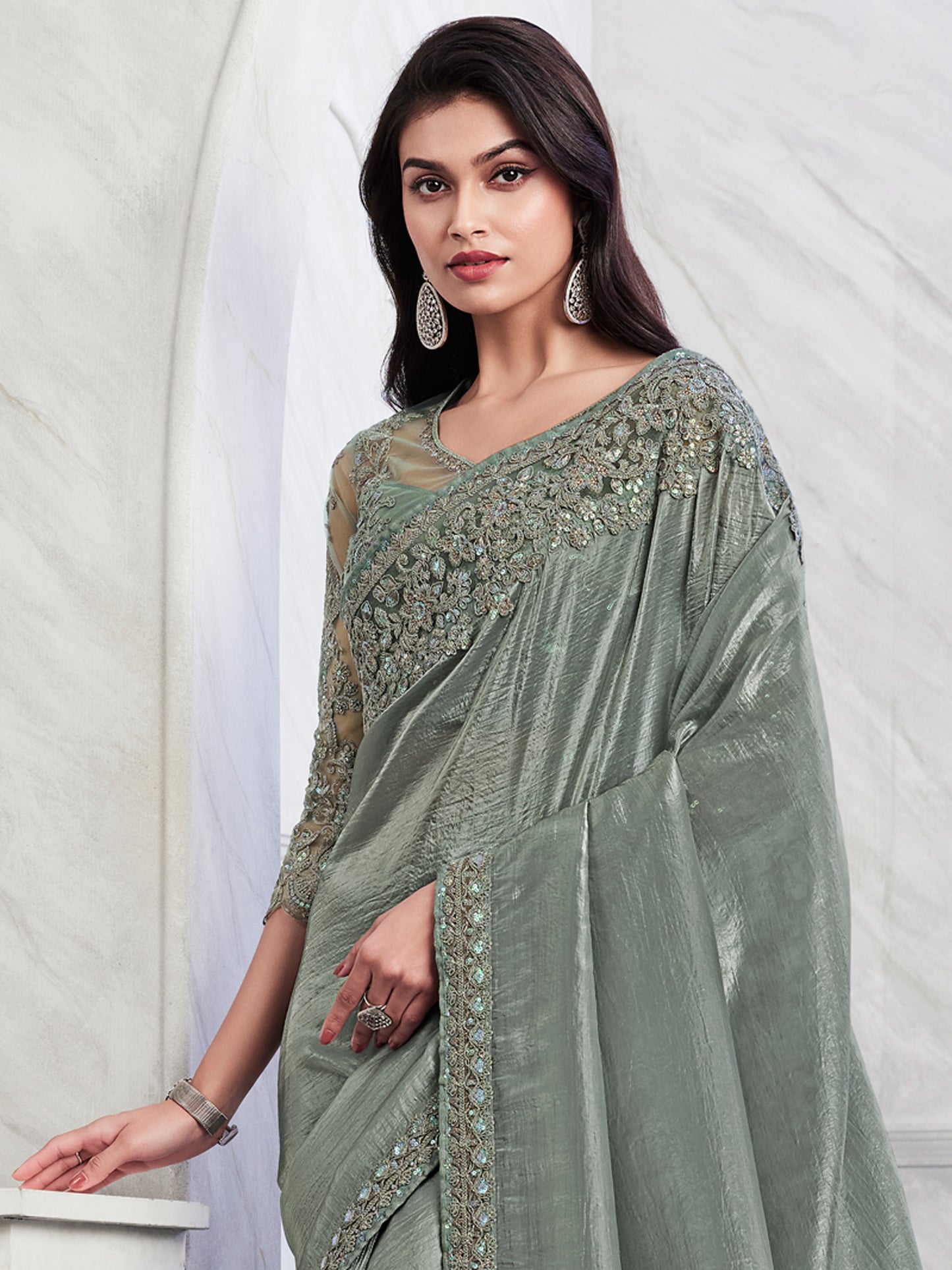 Women's Georgette Sea Green Embellished Designer Saree With Blouse Piece