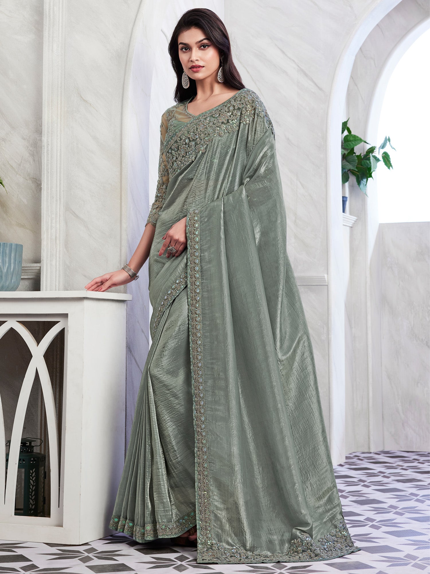 Women's Georgette Sea Green Embellished Designer Saree With Blouse Piece
