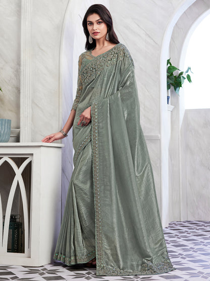 Women's Georgette Sea Green Embellished Designer Saree With Blouse Piece