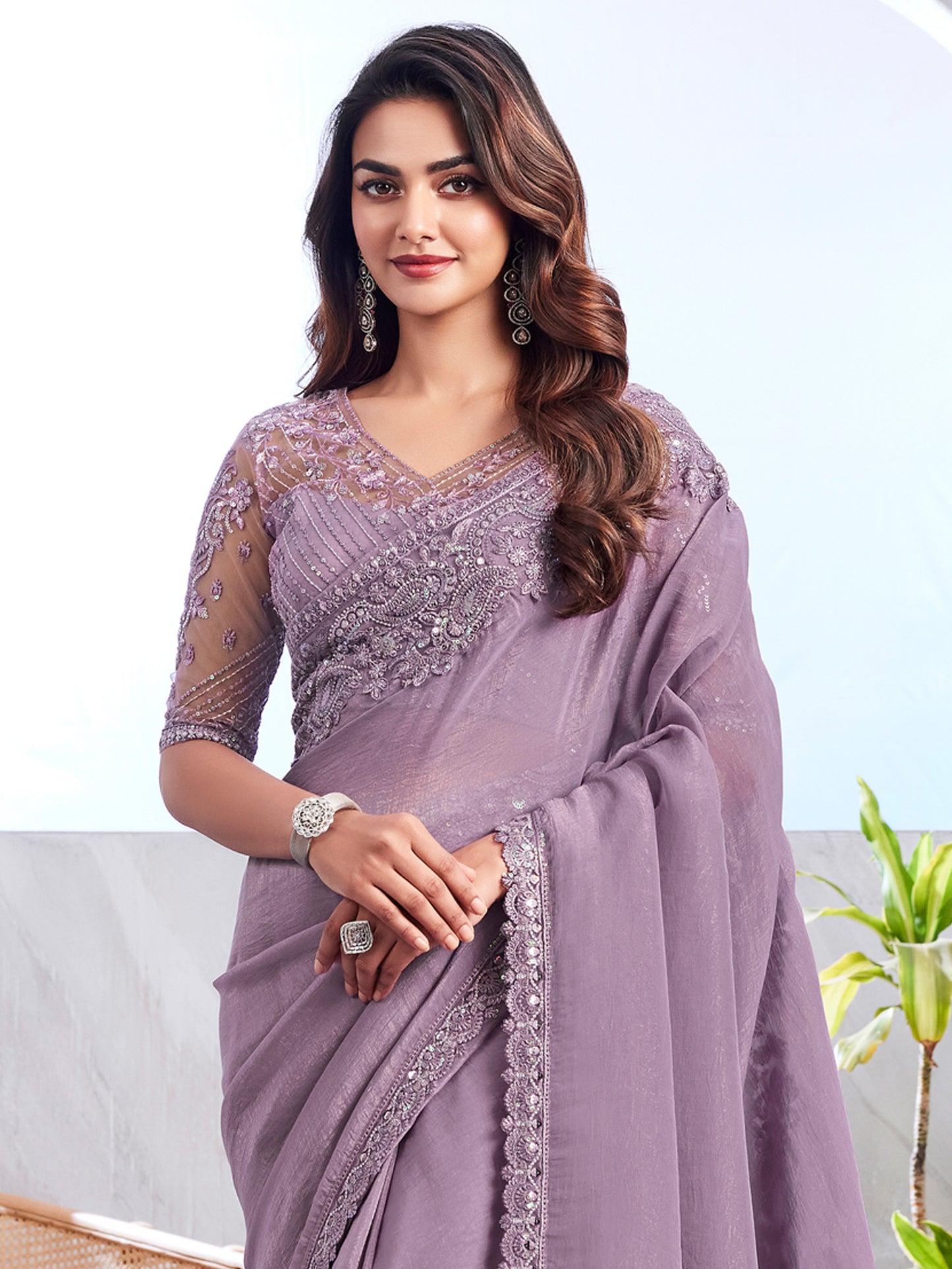 Women's Georgette Mauve Embellished Designer Saree With Blouse Piece