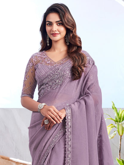 Women's Georgette Mauve Embellished Designer Saree With Blouse Piece