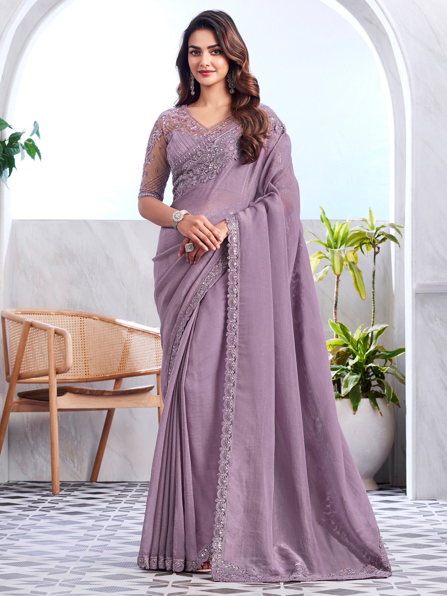 Women's Georgette Mauve Embellished Designer Saree With Blouse Piece